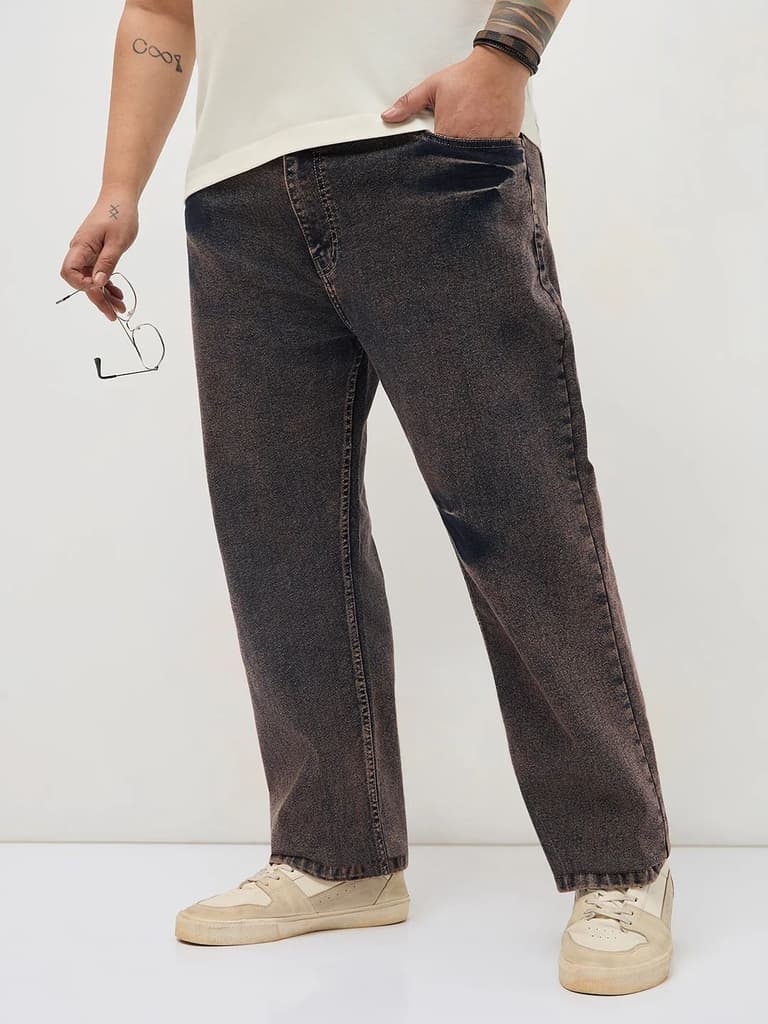 Plus Men's Light Brown Regular Fit Acid Washed Denim Jeans Stretchable — 36 / Light Brown