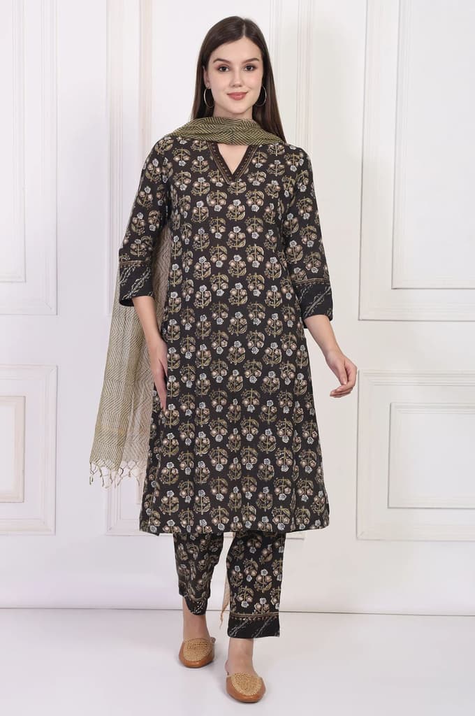 Black Floral Printed Embellished A-Line Cotton Kurta with Straight Pant and Dupatta Set — photo 2