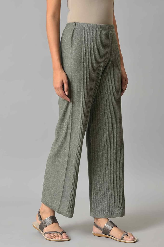 Muted Sage Green Solid Boot Cut Acrylic Palazzo With Elasticated Waist — photo 4
