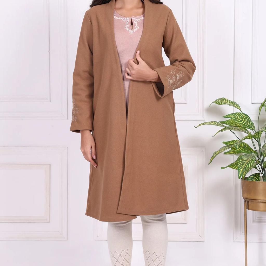 Camel Brown Embroidered Straight Woven Coat