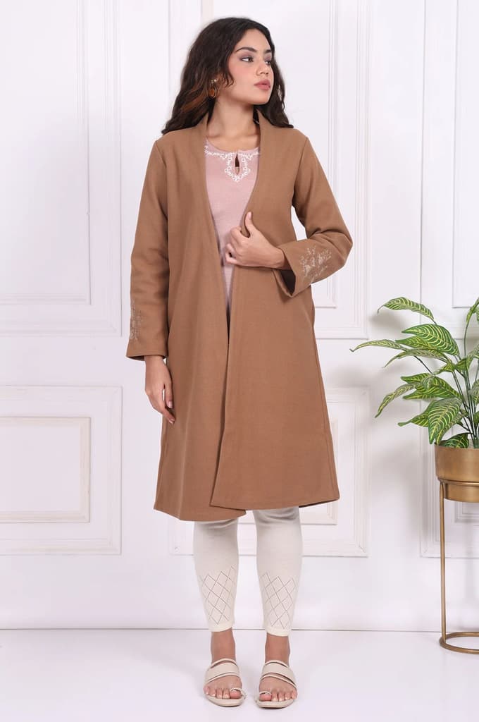 Camel Brown Embroidered Straight Woven Coat — S