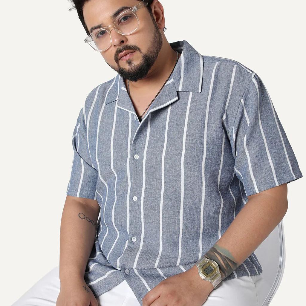 Plus Men's Blue Cotton Half Sleeve Relaxed Fit Linen Striped Shirt with Cuban Collar