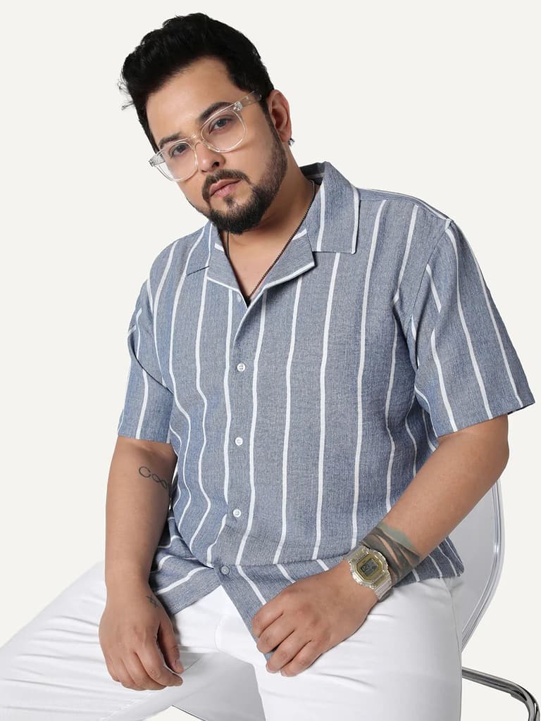 Plus Men's Blue Cotton Half Sleeve Relaxed Fit Linen Striped Shirt with Cuban Collar — 2XL / Blue