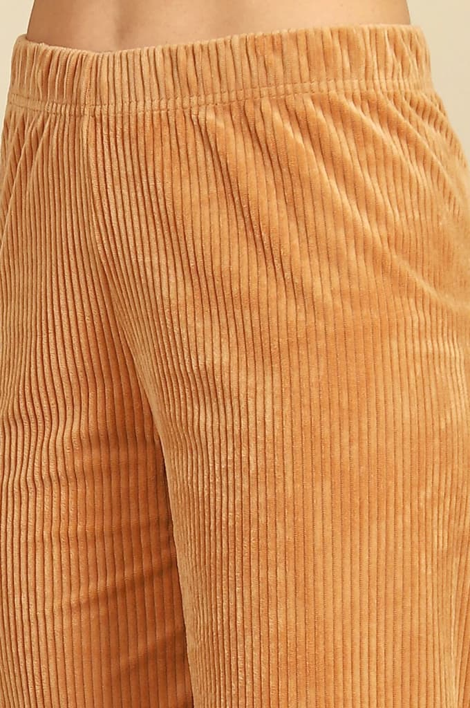 Brown Solid Straight Fit Cotton Pants With Elasticated Waist — photo 3