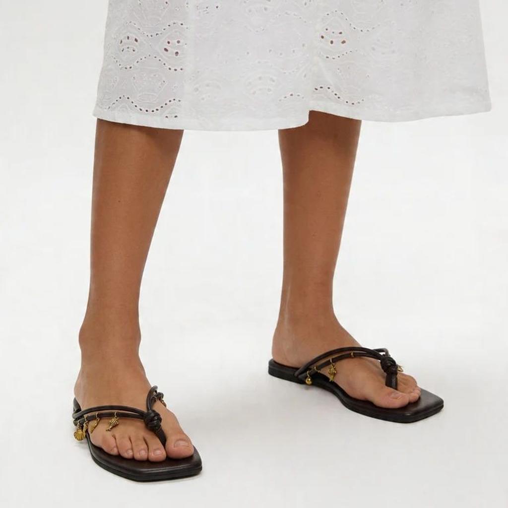 LUNA BLU Brown Gold Charm Embellished Flat Sandals