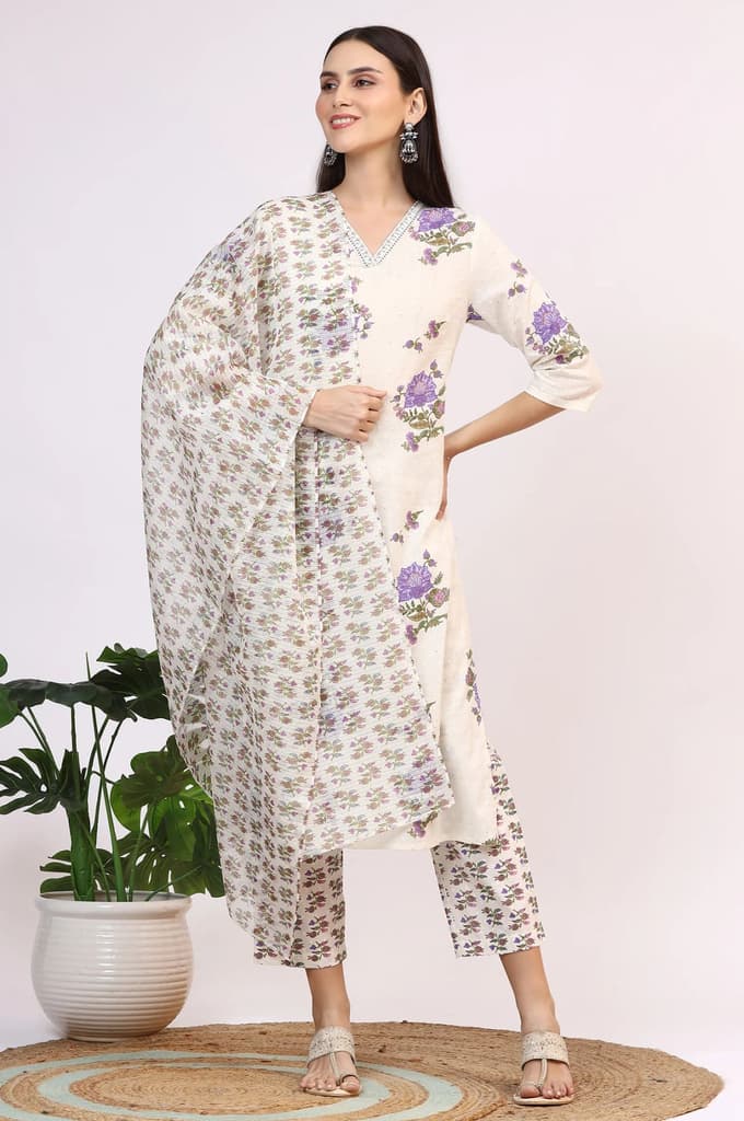 White Floral Printed Pure Cotton Straight Kurta and Pants Co-ord Set with Dupatta — photo 3