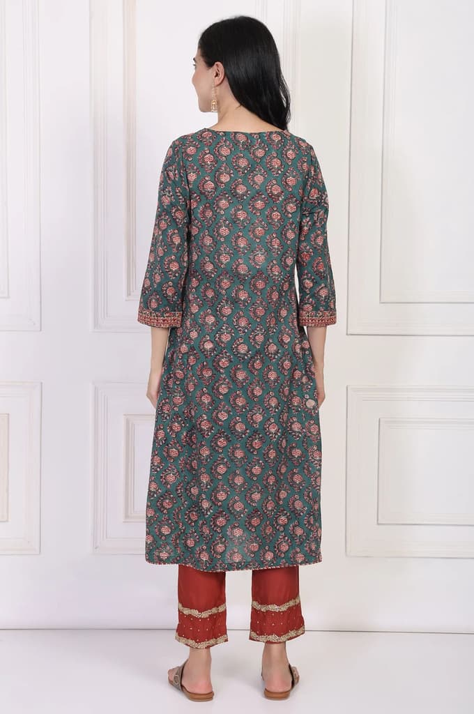 Green Floral Block Printed Embroidered A-Line Cotton Kurta — photo 5