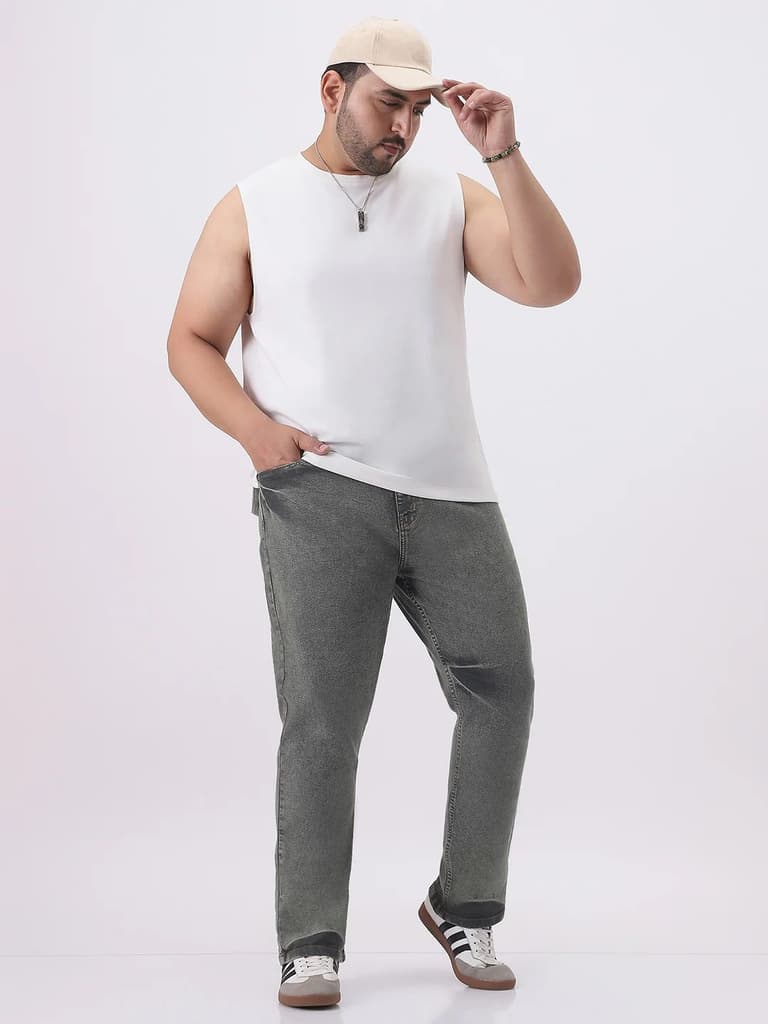 Plus Men's Light Grey Straight Fit Heavy Washed Jeans Stretchable — photo 4