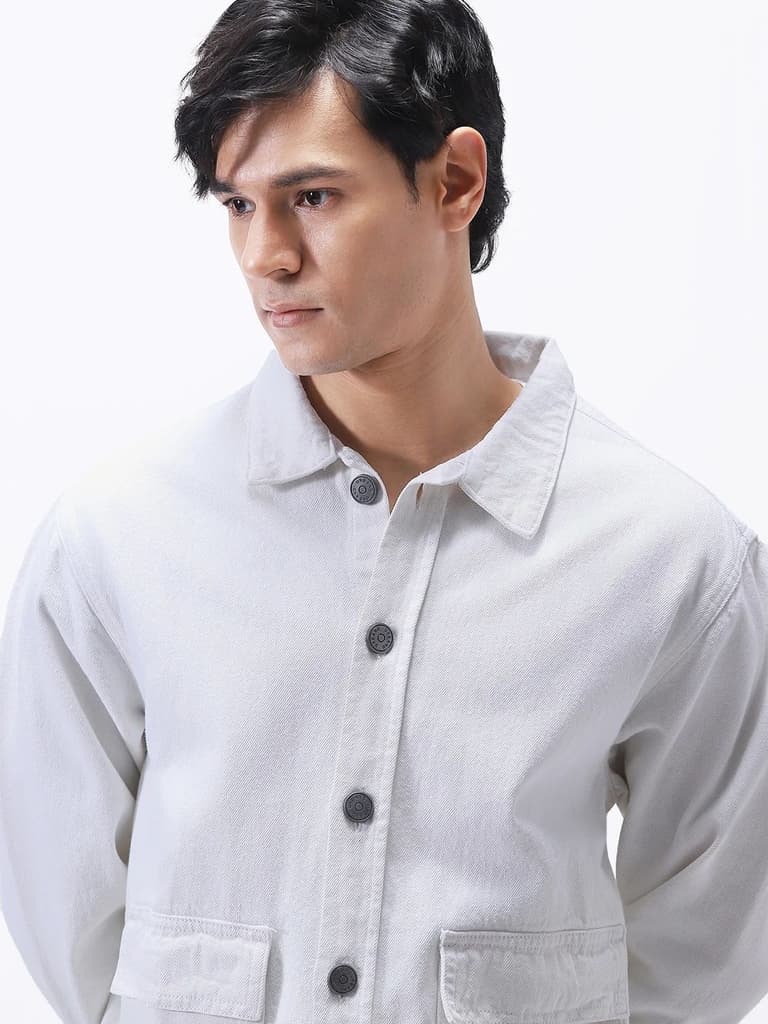 Men's White Relaxed Fit Full Sleeve Utility Denim Jacket — photo 5