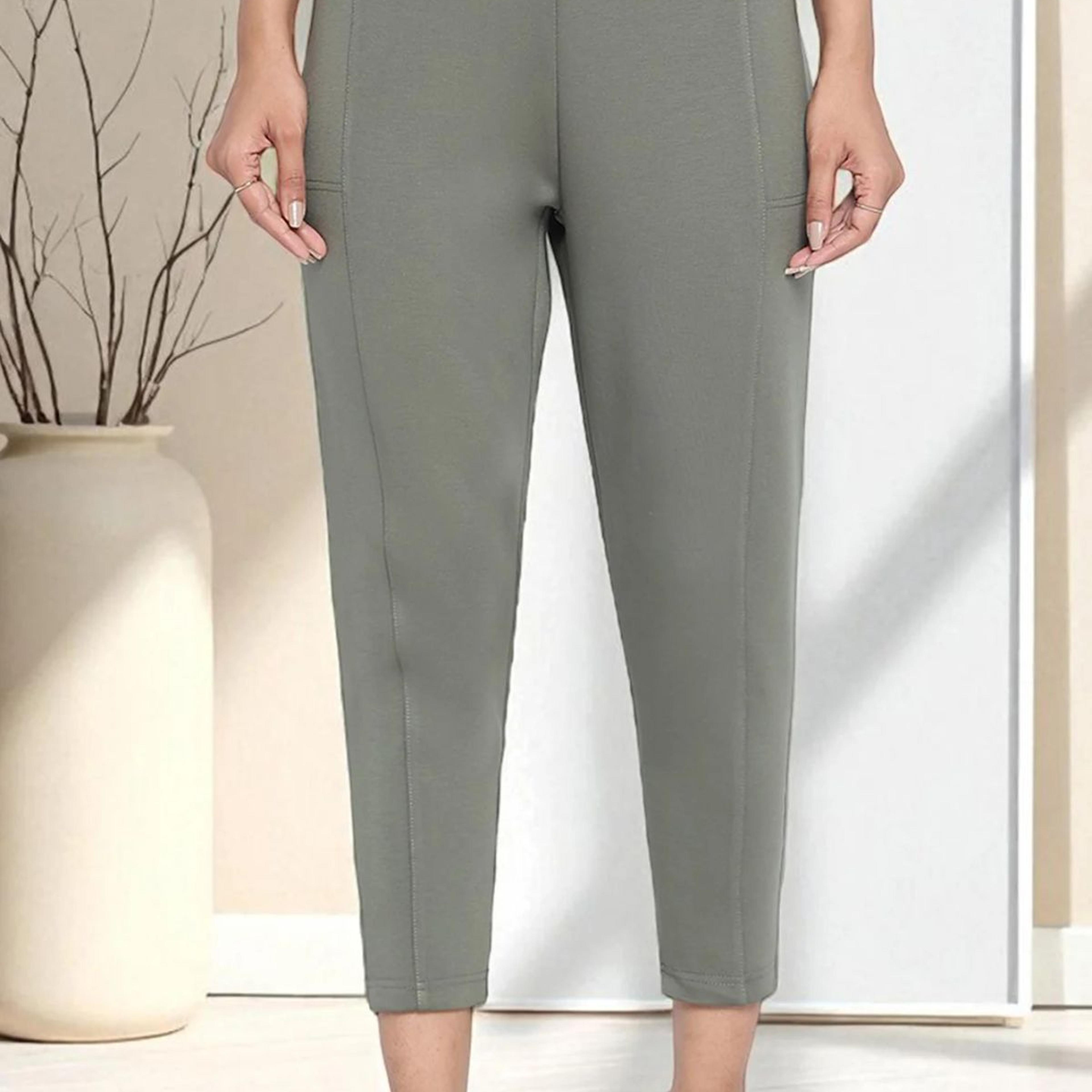 Green Solid Mid Rise Tights in Calf Length