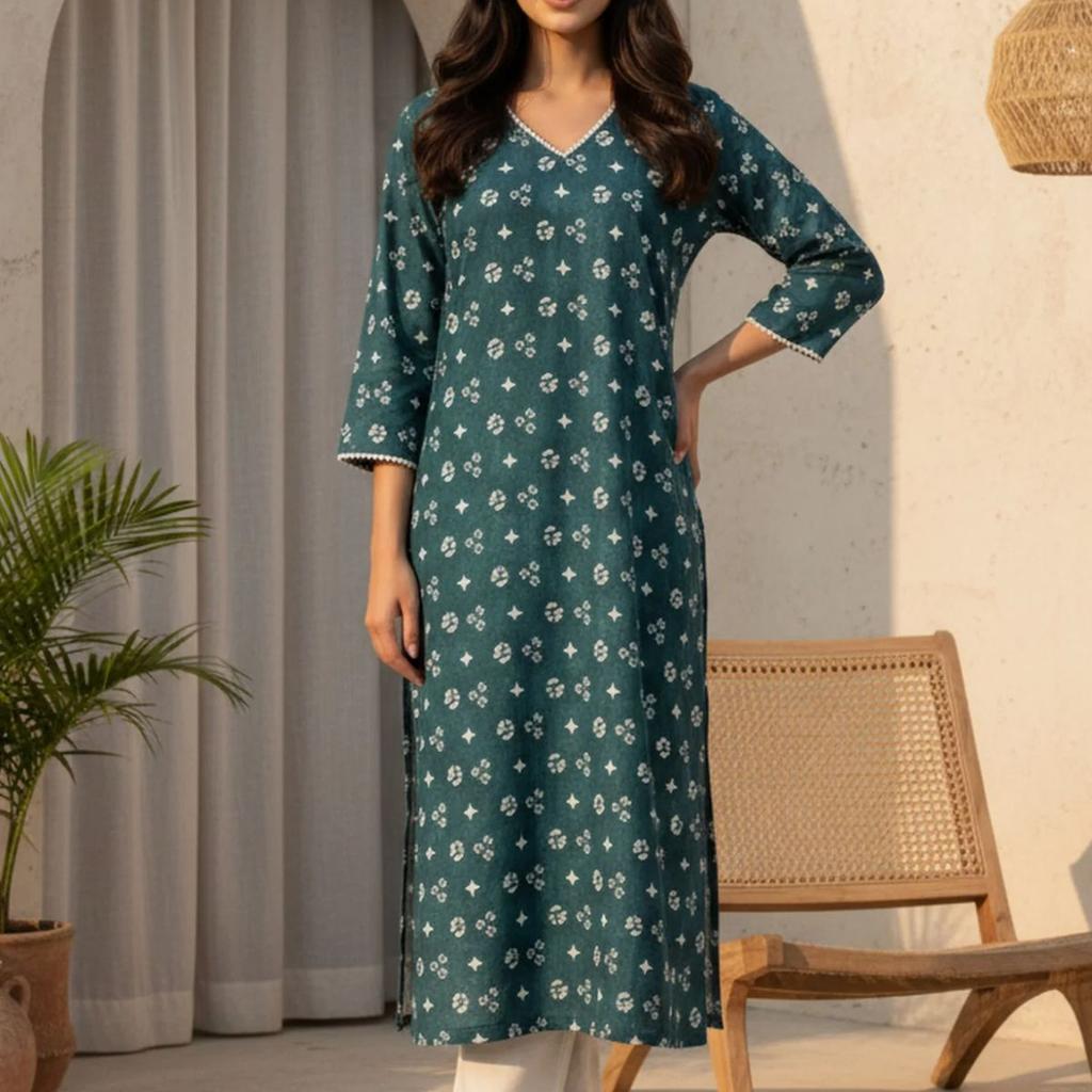 Teal Green Geometric Printed Lace Pure Cotton Straight Kurta