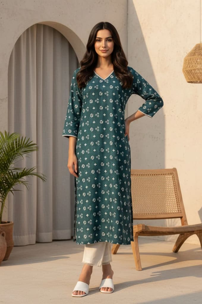 Teal Green Geometric Printed Lace Pure Cotton Straight Kurta — XS