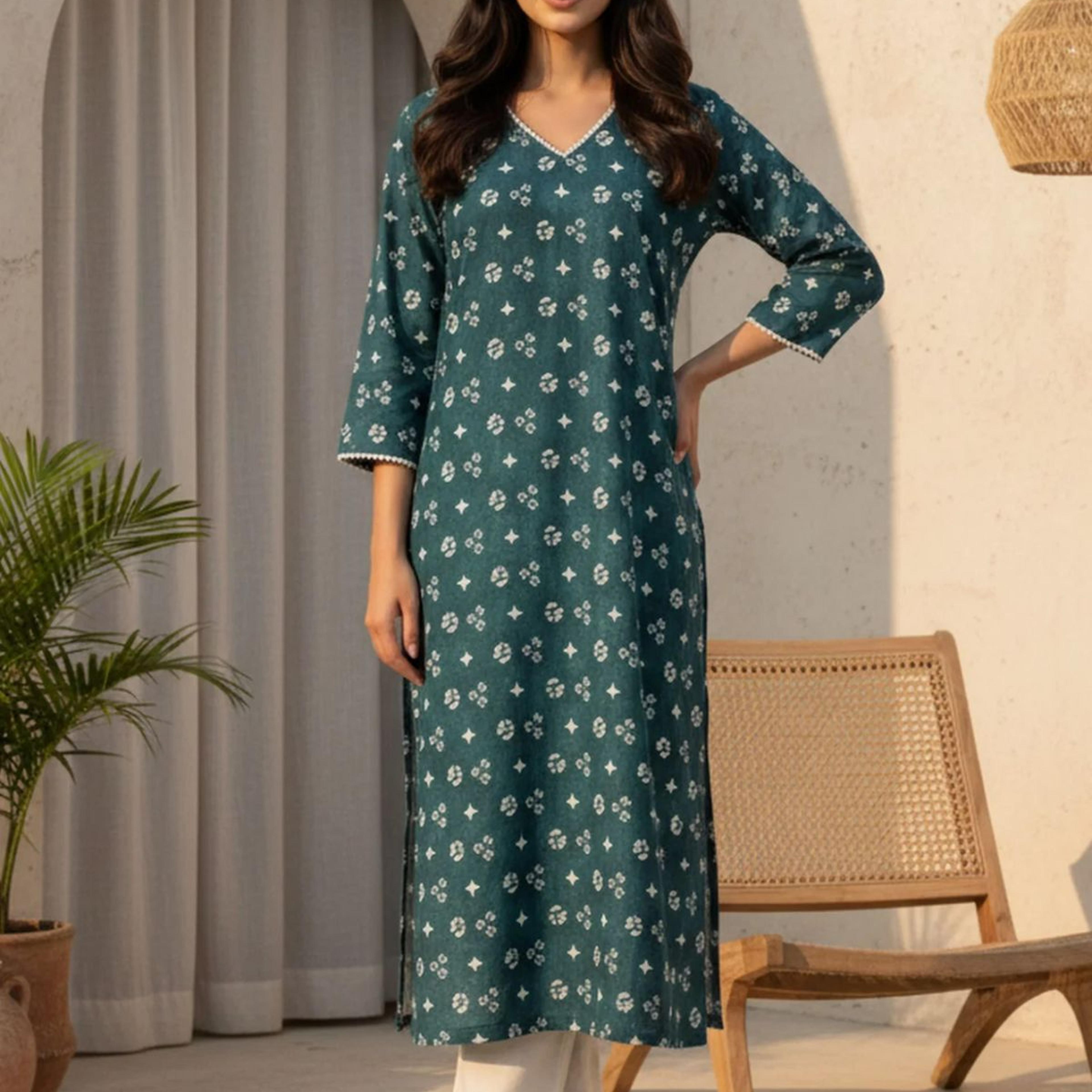 Teal Green Geometric Printed Lace Pure Cotton Straight Kurta