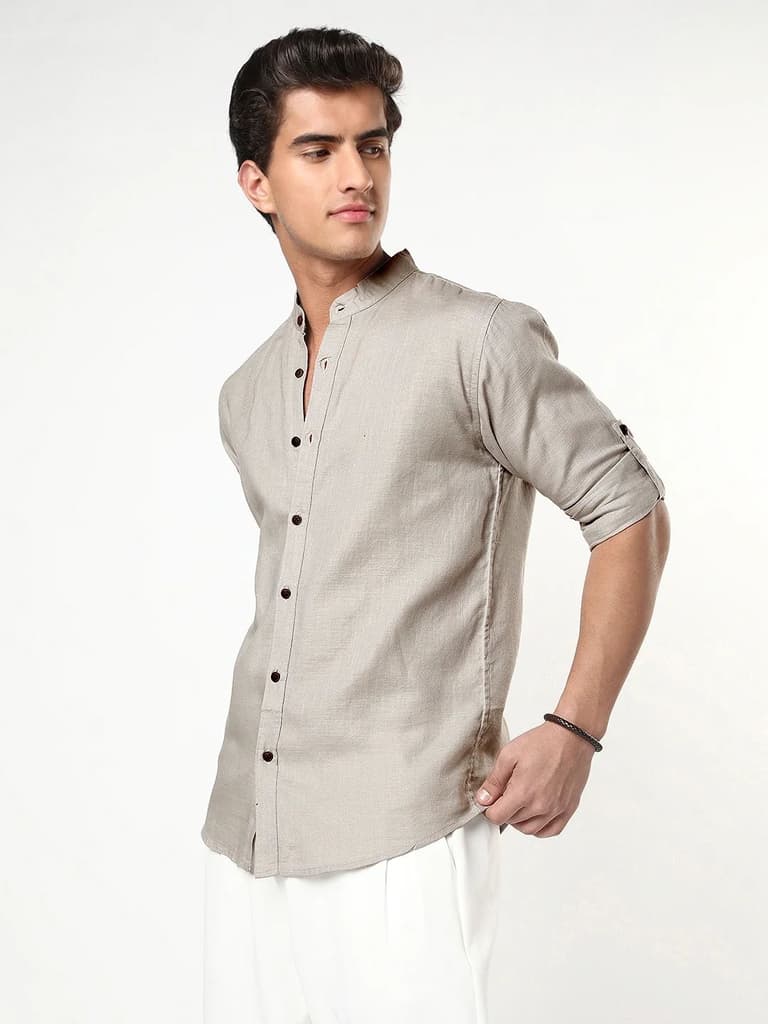 Men's Grey Linen Blend Full Sleeve Relaxed Fit Mandarin Collar Casual Solid Shirt — photo 2