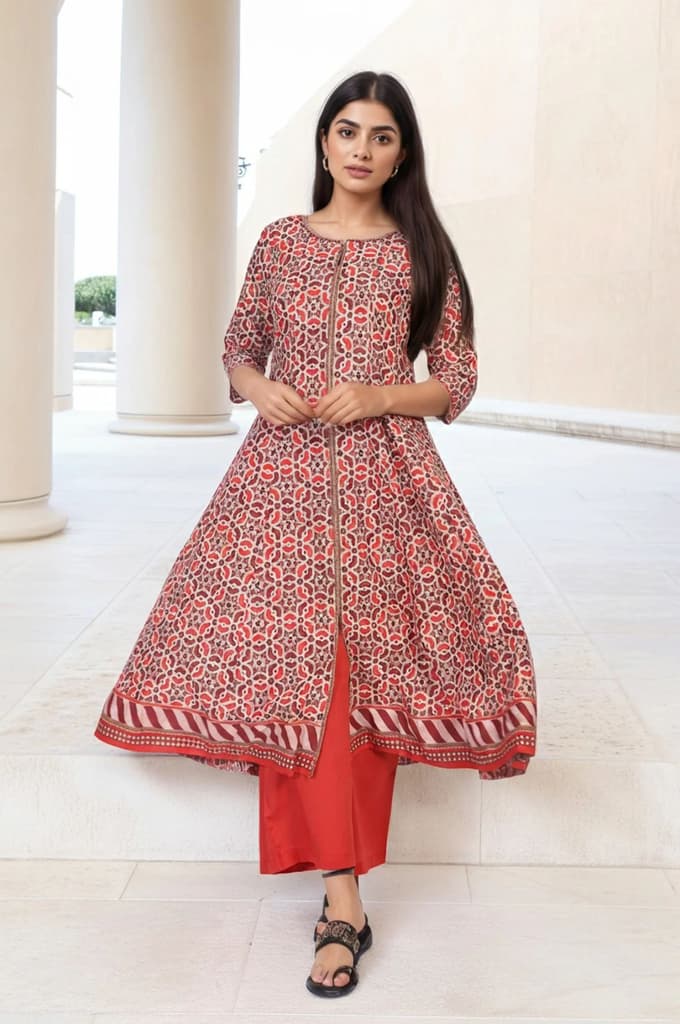 Red Geometric Embroidered Anarkali Cotton Kurta — photo 2