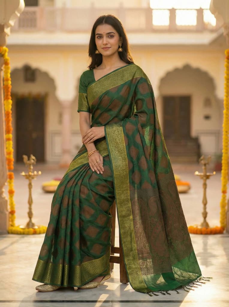 MIMOSA Women's Woven Design Banarasi Style Raw Silk Saree with Blouse Piece - Green ( SA00003130GRNFREE ) — photo 4