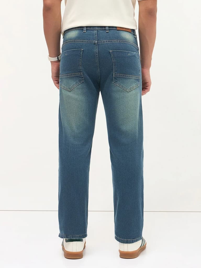 Men's Light Blue Regular Fit Whisker Wash Yellow Tint Denim Jeans Stretchable — photo 4