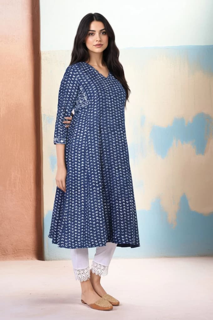 Blue Geometric Dabu Printed Mirror Work A-Line Cotton Kurta — photo 4