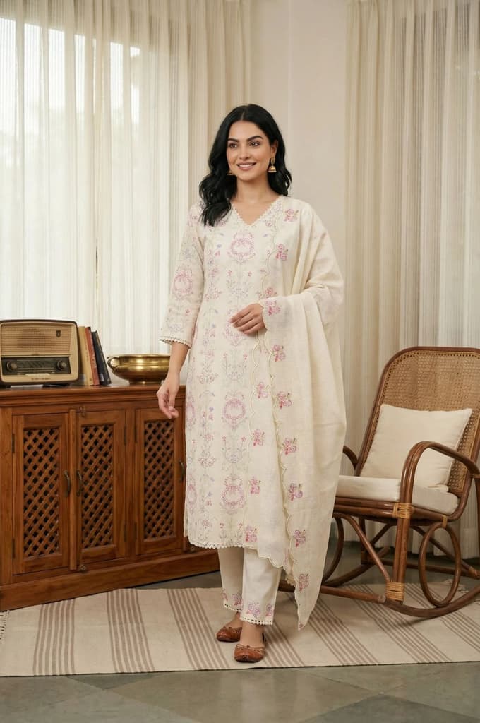 Off White Chikankari Pure Cotton Straight Kurta with Pants and Dupatta Set — XS