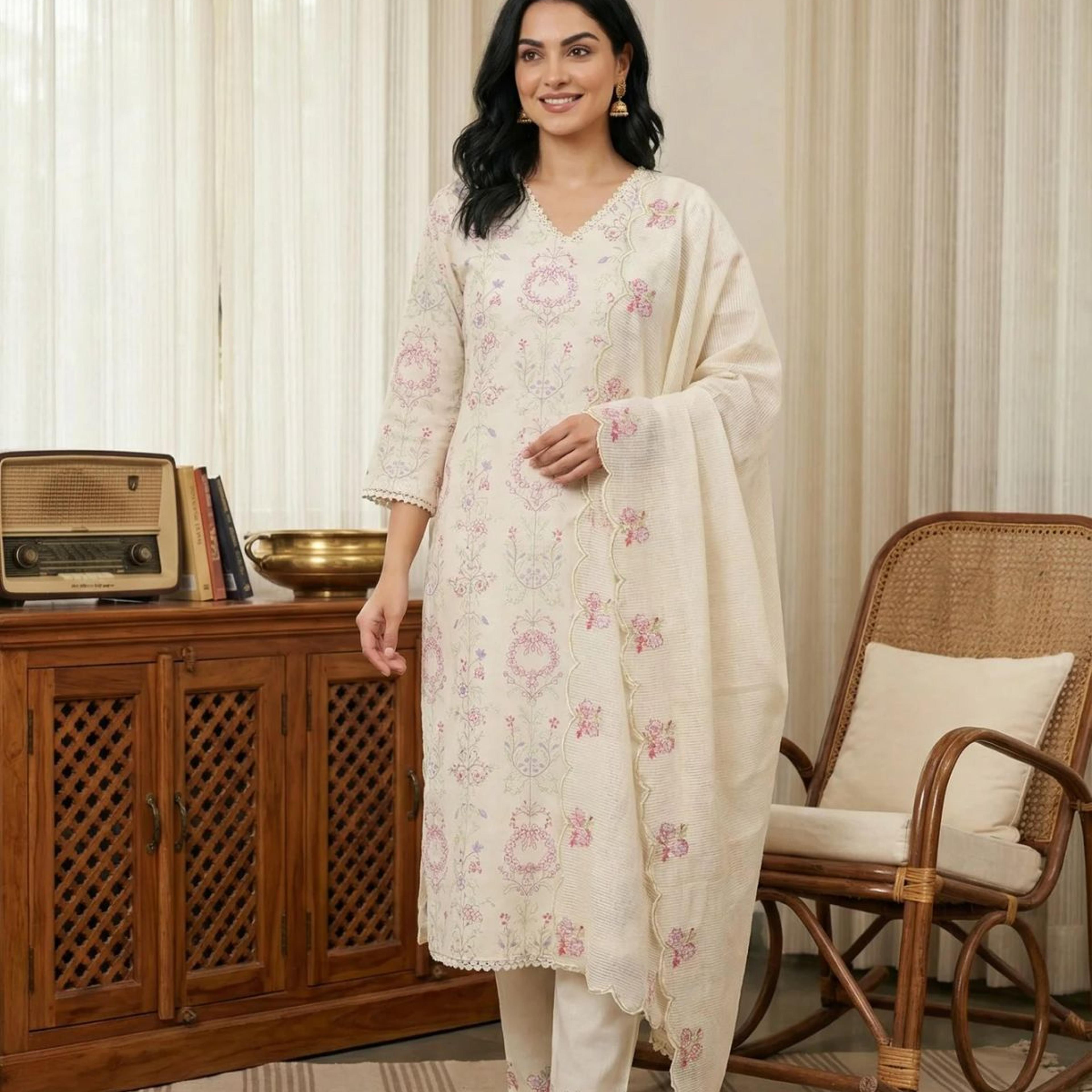 Off White Chikankari Pure Cotton Straight Kurta with Pants and Dupatta Set