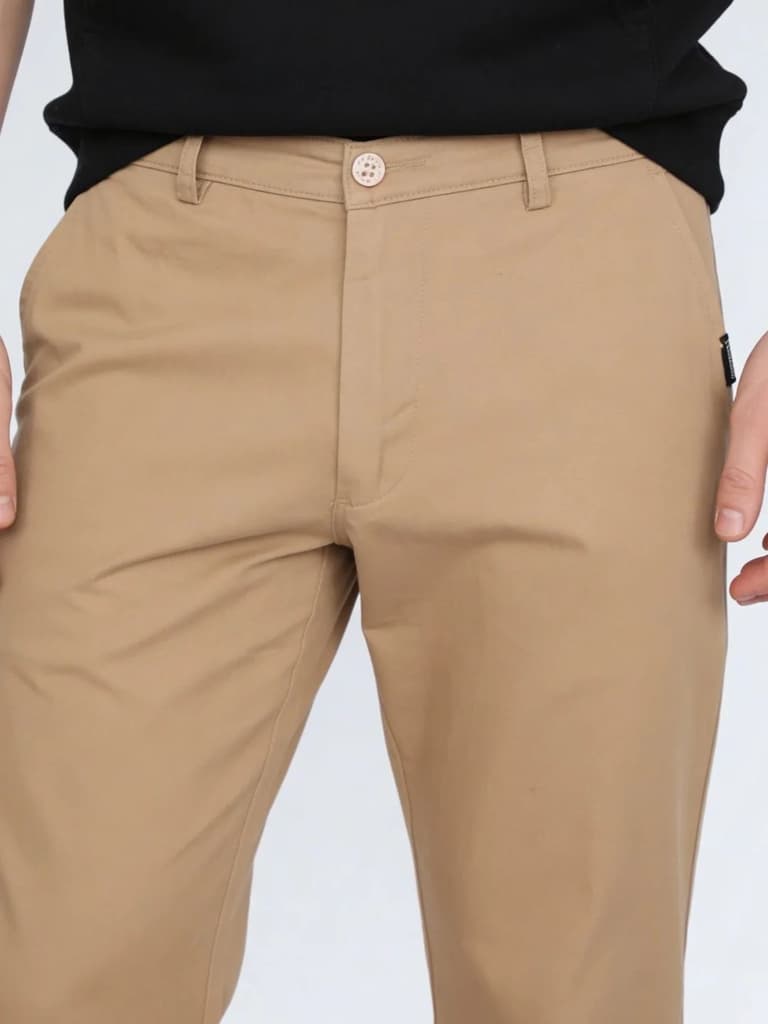 Men's Beige Straight Fit Mid Rise Cotton Casual Chinos Trousers Stretch — photo 5