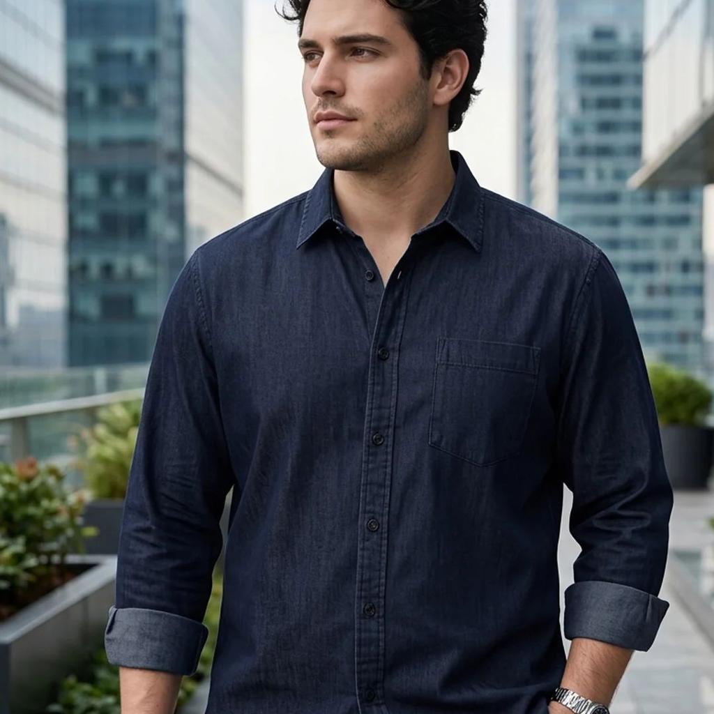 Plus Men's Dark Blue Regular Fit Full Sleeve Solid Denim Shirt