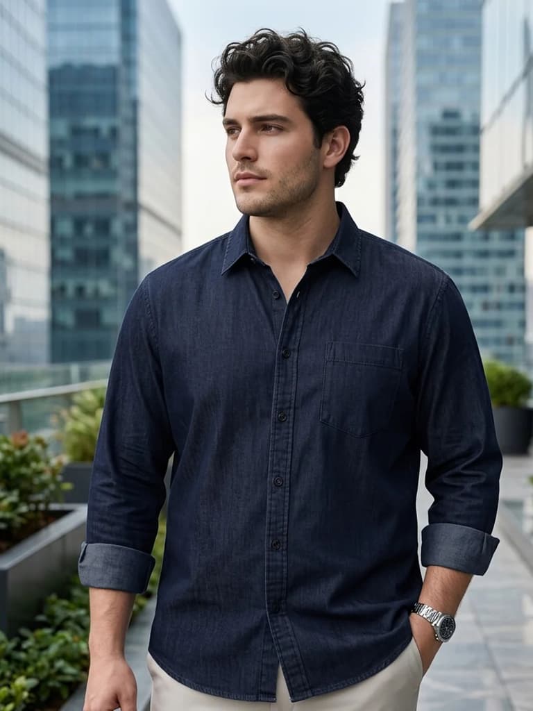 Plus Men's Dark Blue Regular Fit Full Sleeve Solid Denim Shirt — XXL / Dark Blue