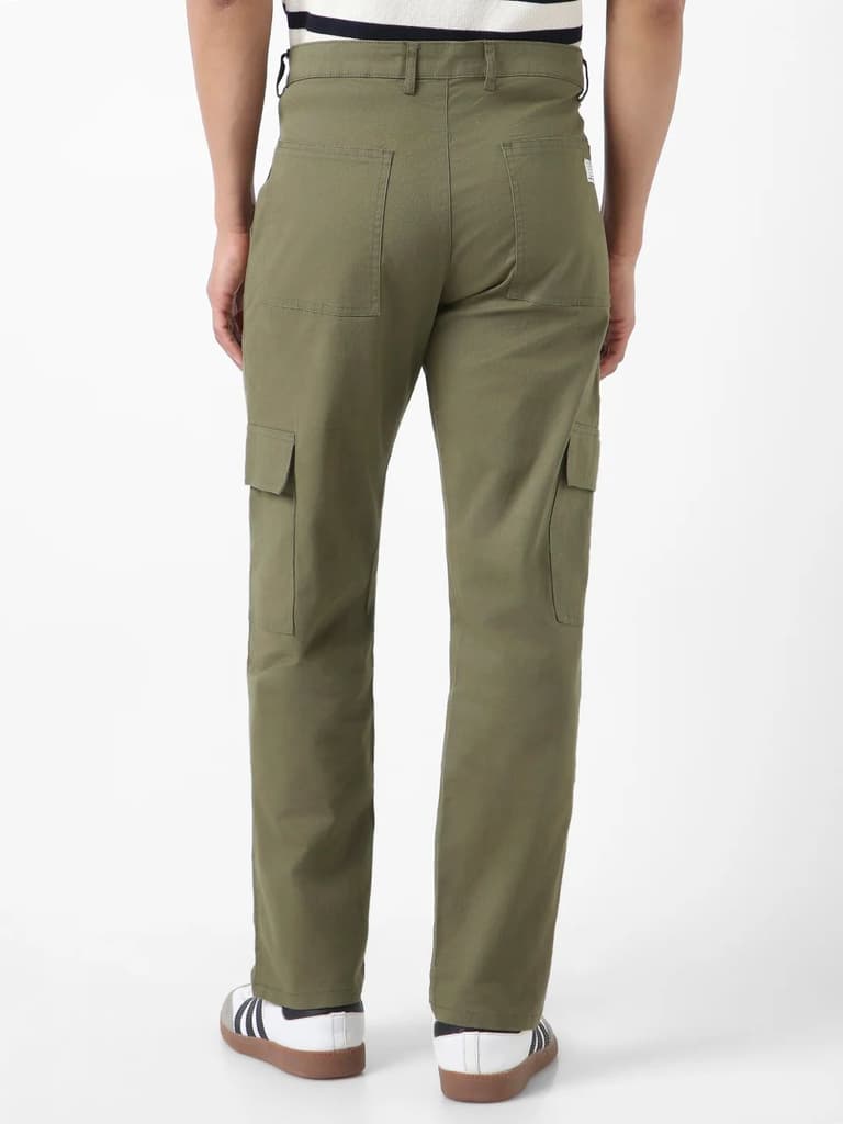 Men's Olive Regular Fit Solid Cargo Chino Pant with 6 Pockets Stretchable — photo 3