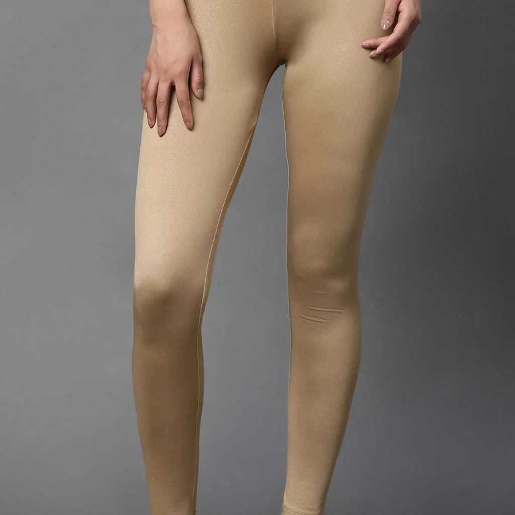 Gold Solid Skinny Fit Cotton Tights With Foil Print