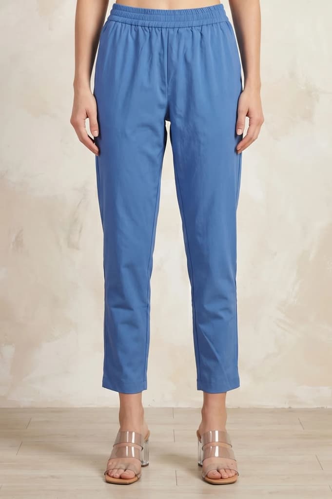 Blue Solid Pure Cotton Straight Fit Pants — XS