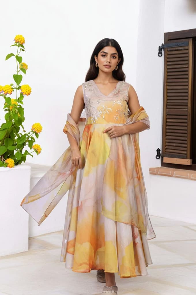 Beige Embroidered Organza Anarkali Kurta Set Dupatta Set — photo 3