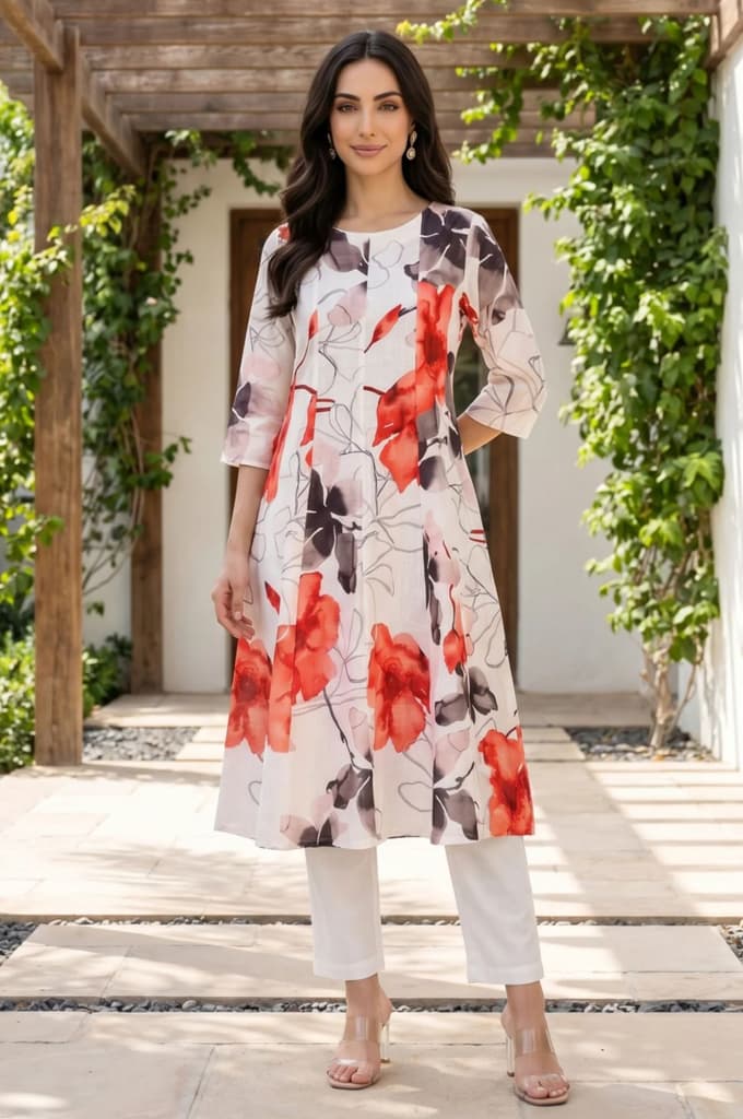 Off White Floral Printed Cotton Flax Flared Kurta — XS