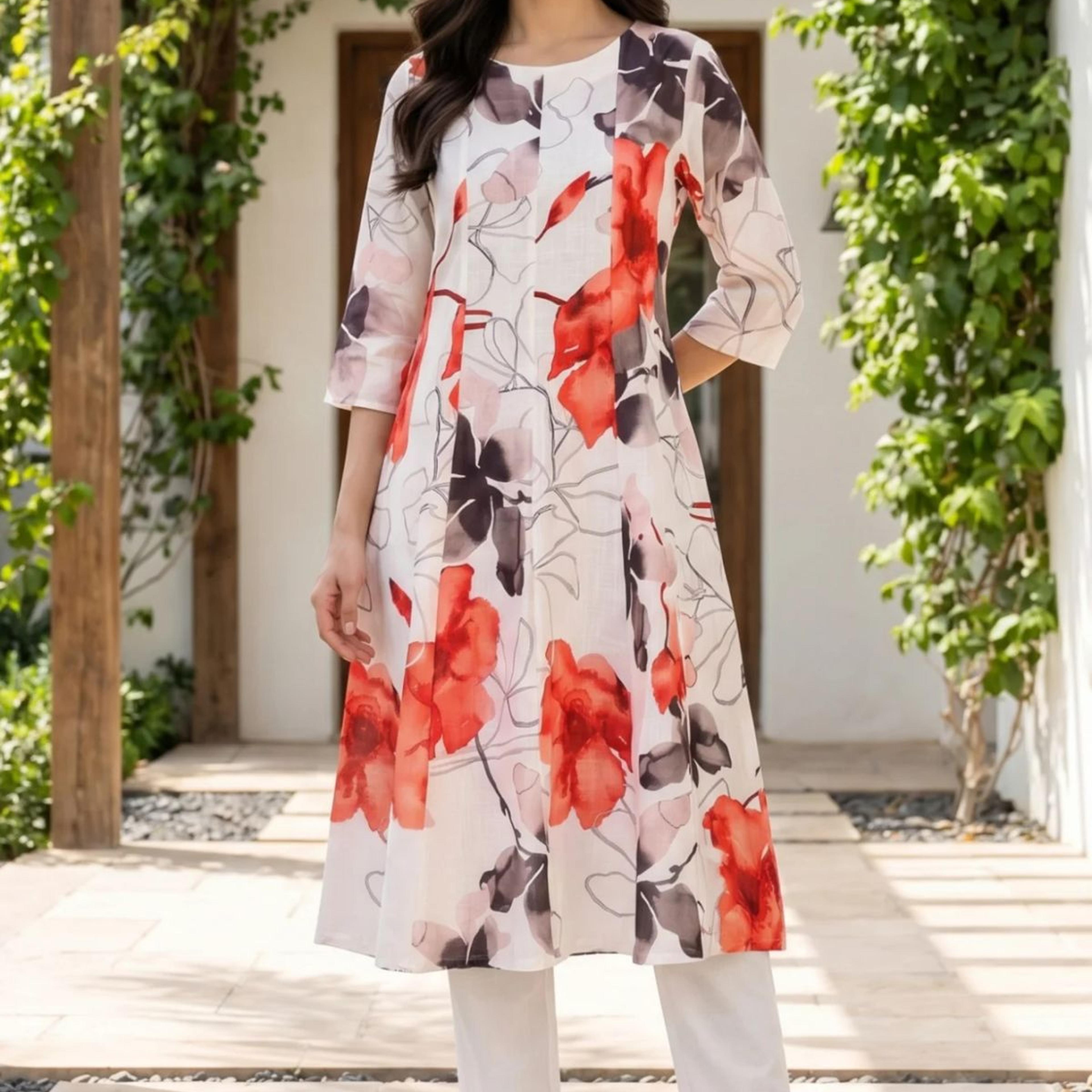 Off White Floral Printed Cotton Flax Flared Kurta