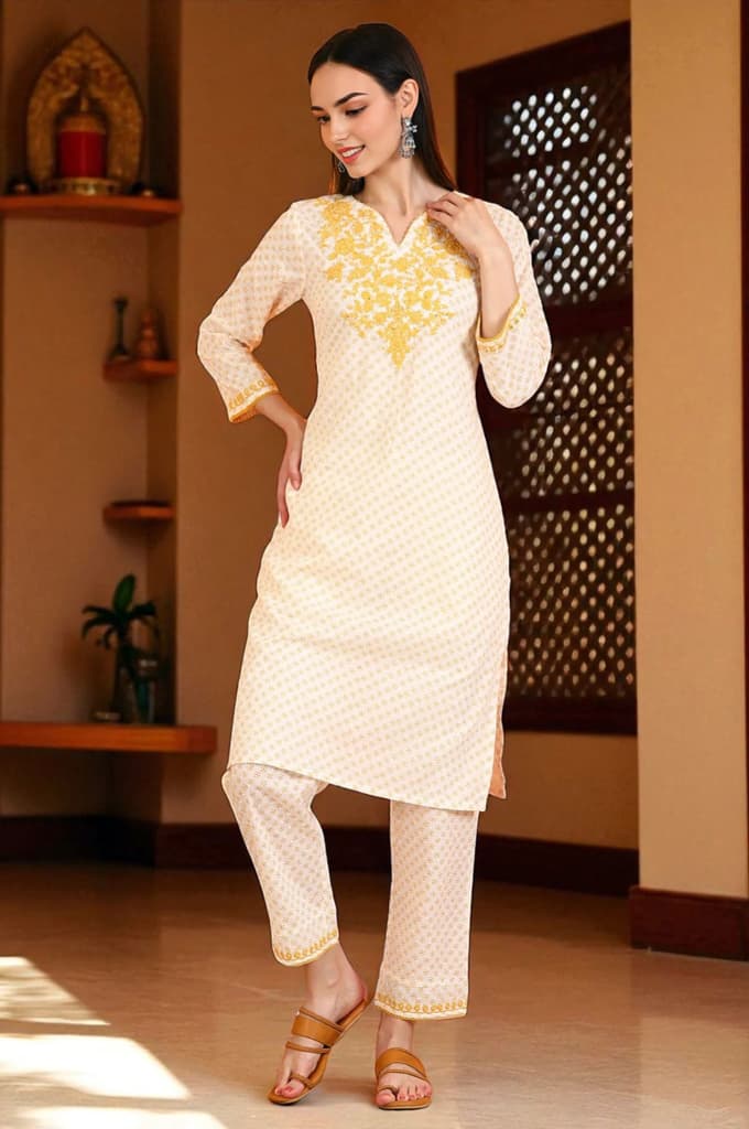 White Bandhani Printed Cotton Swiss Dot Straight Kurta with Embroidery — XS