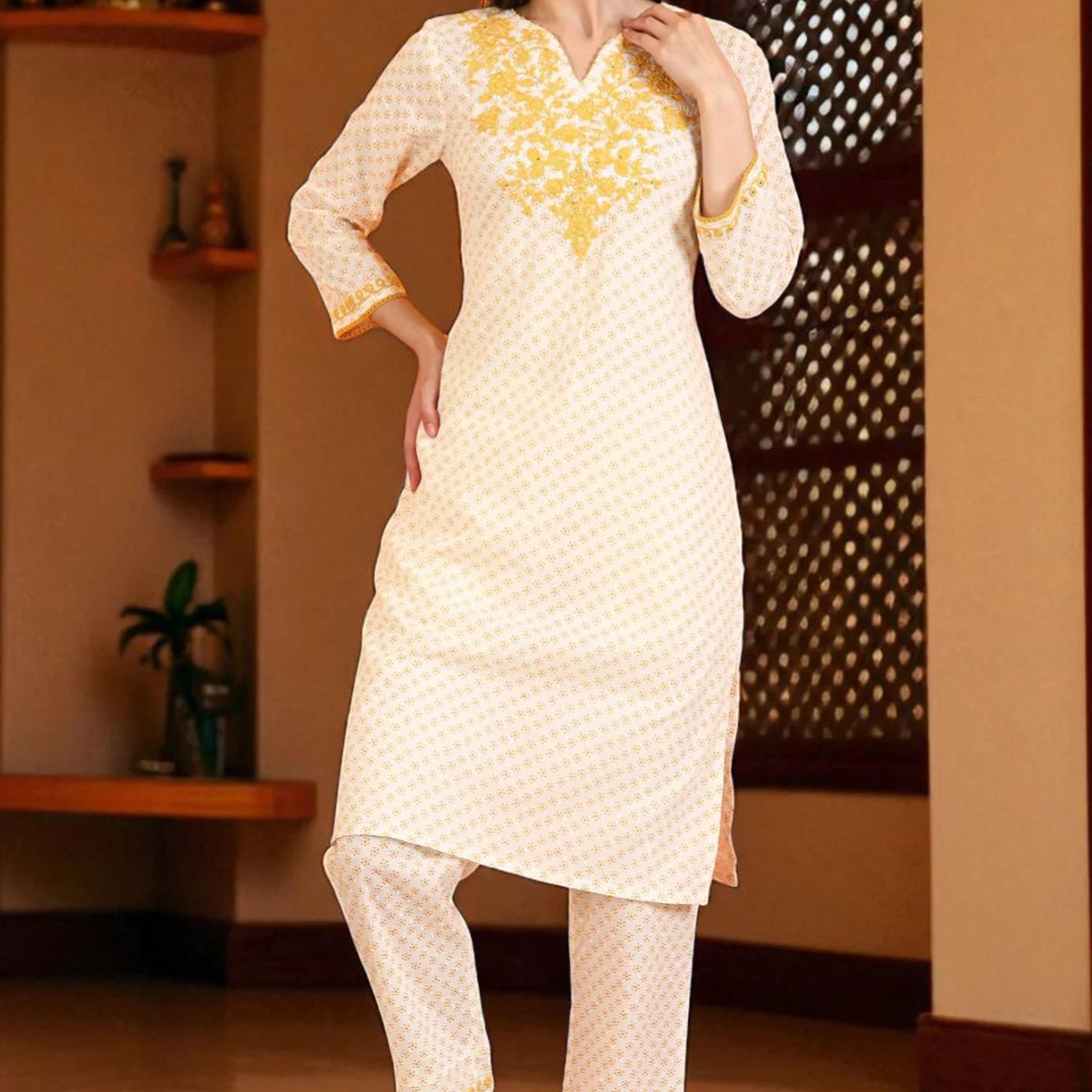 White Bandhani Printed Cotton Swiss Dot Straight Kurta with Embroidery