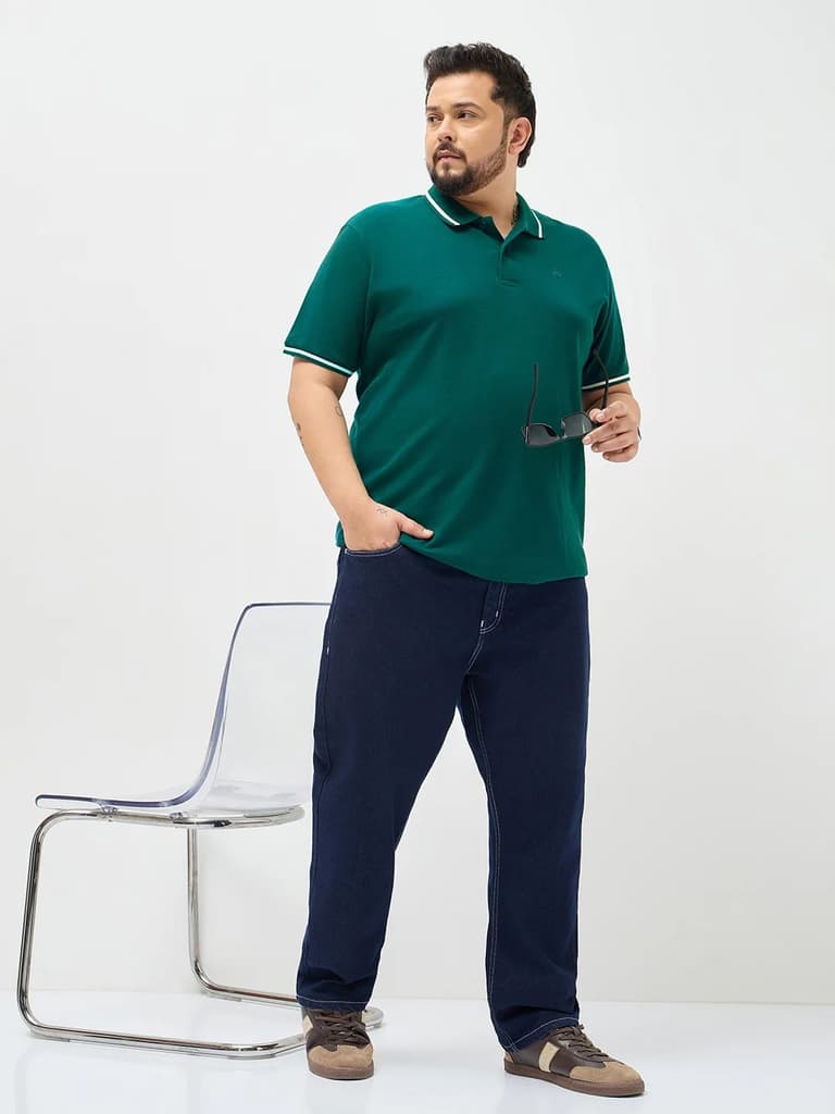 Plus Men's Teal Green Solid Regular Fit Half Sleeve Cotton Polo T-Shirt — photo 4