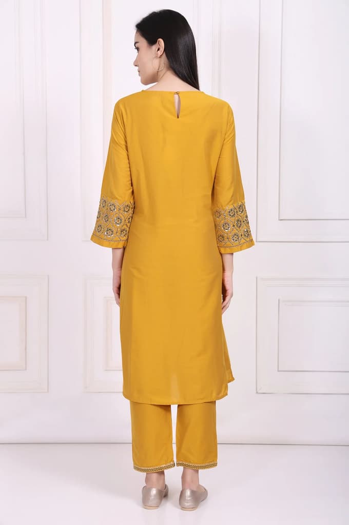 Yellow Embroidered A-Line Rayon Kurta with Straight Pant — photo 5
