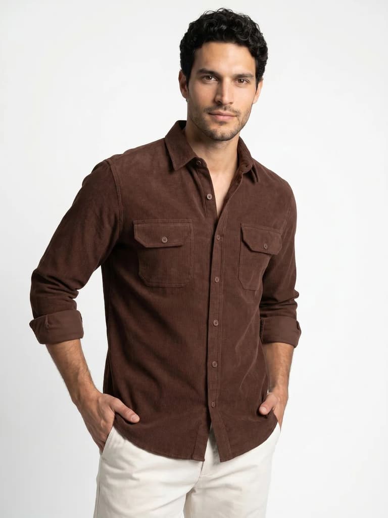 Men's Brown Corduroy Full Sleeve Regular Fit Solid Overshirt with Utility Pockets — photo 2