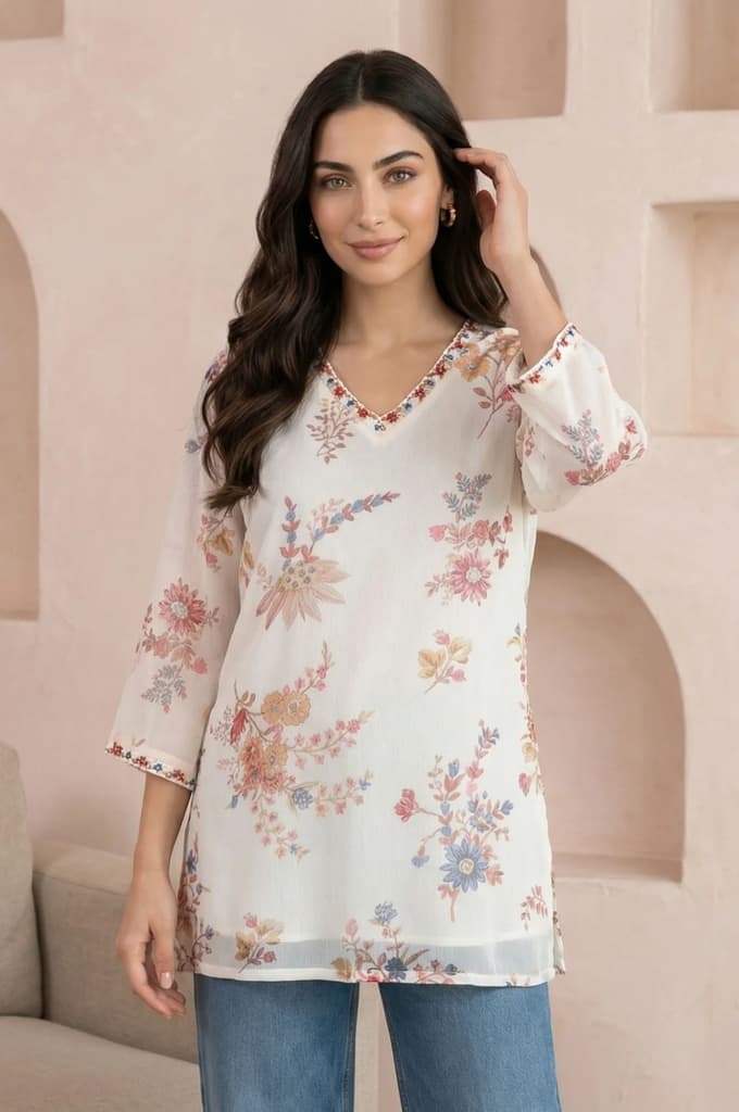 Off White Embroidered Chiffon Straight Top — XS