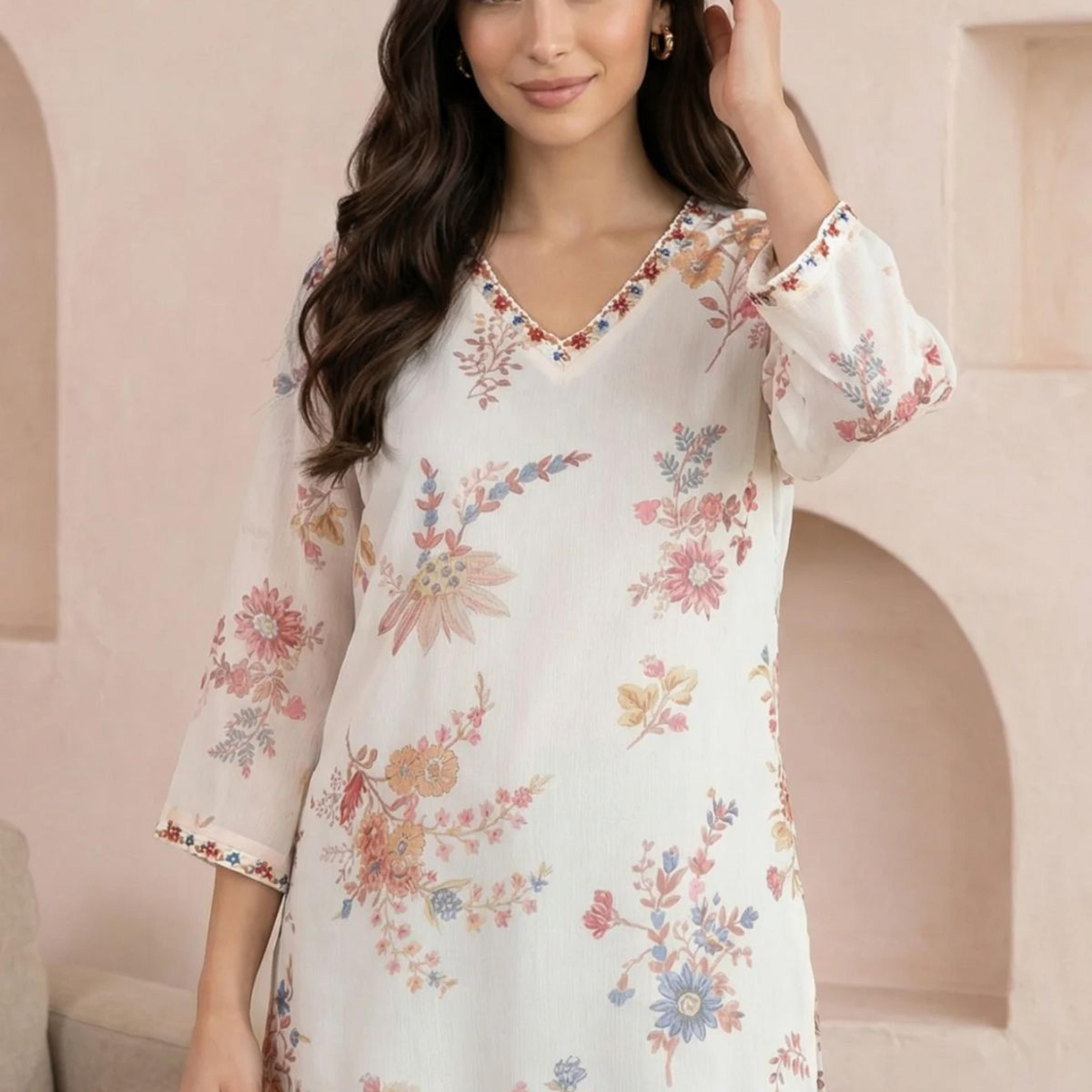 Off White Embroidered Chiffon Straight Top