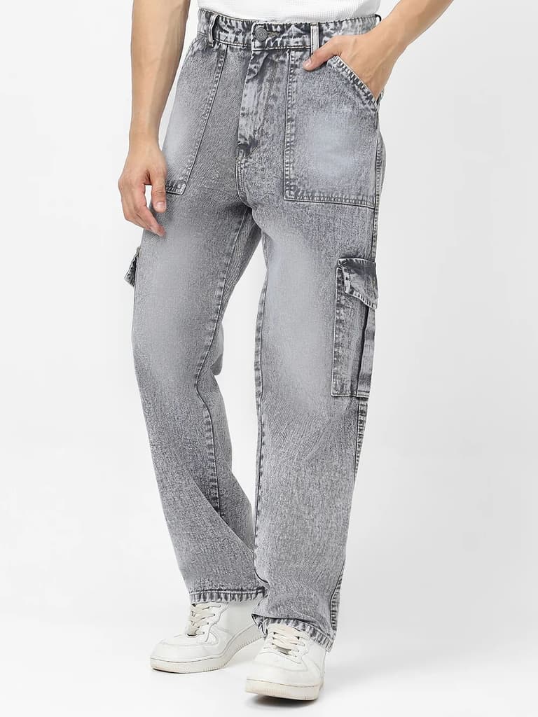 Men's Ice Grey Loose Fit Cargo Jeans With 6 Pockets Non Stretchable — photo 2