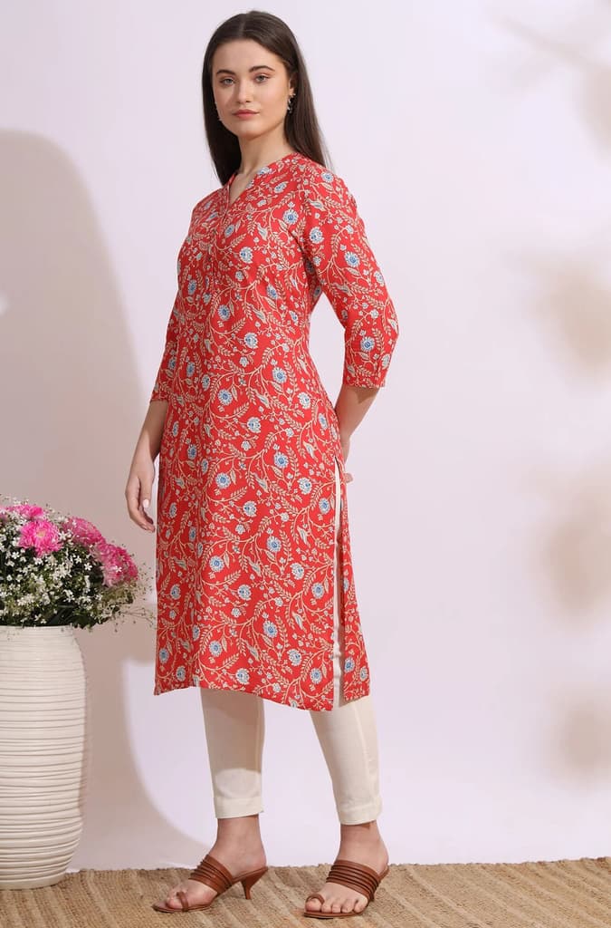 Orange Bold Floral Printed Cotton Cambric Straight Kurta — photo 5