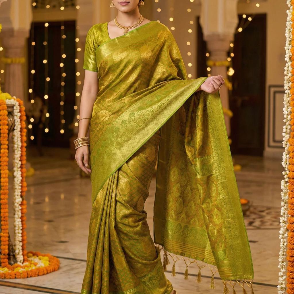 MIMOSA Women's Woven Design Kanjivaram Style Art Silk Saree with Blouse Piece - Olive ( SA00003144OLFREE )