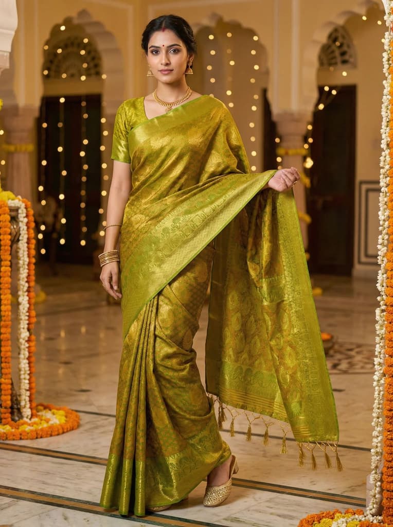 MIMOSA Women's Woven Design Kanjivaram Style Art Silk Saree with Blouse Piece - Olive ( SA00003144OLFREE ) — Default Title