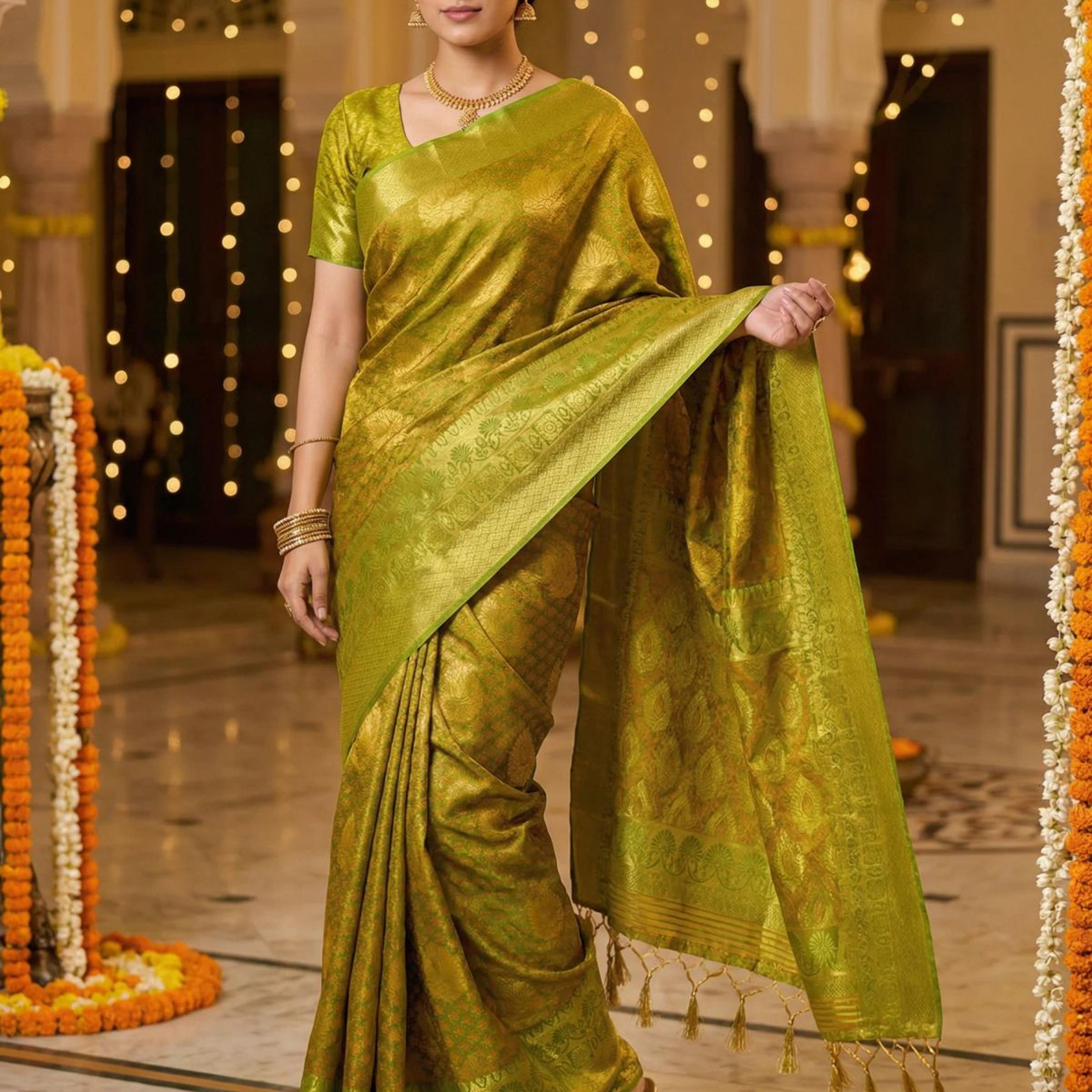 MIMOSA Women's Woven Design Kanjivaram Style Art Silk Saree with Blouse Piece - Olive ( SA00003144OLFREE )