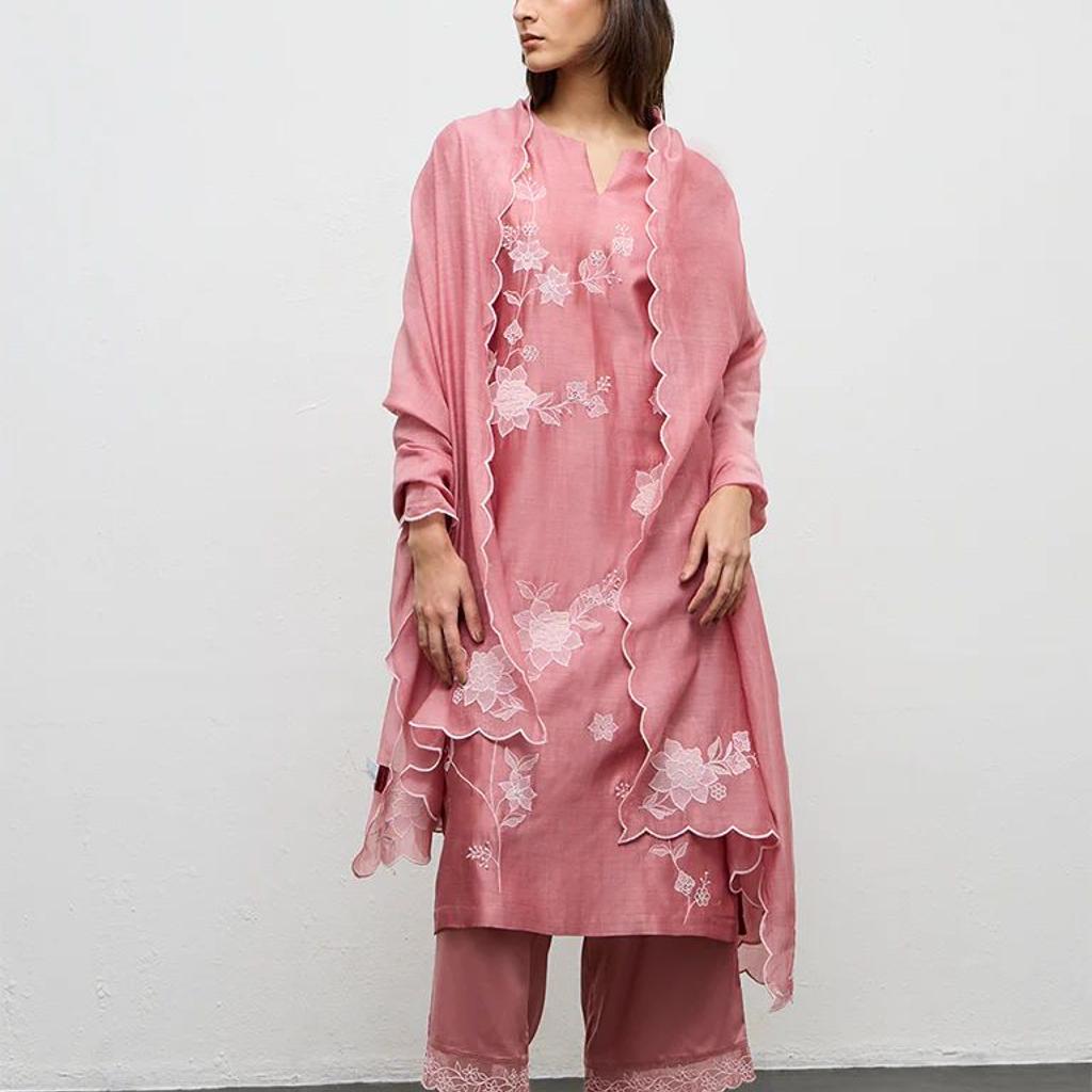 Zuba Dusty Pink Floral Embroidered Cotton-Blend A-Line Kurta
