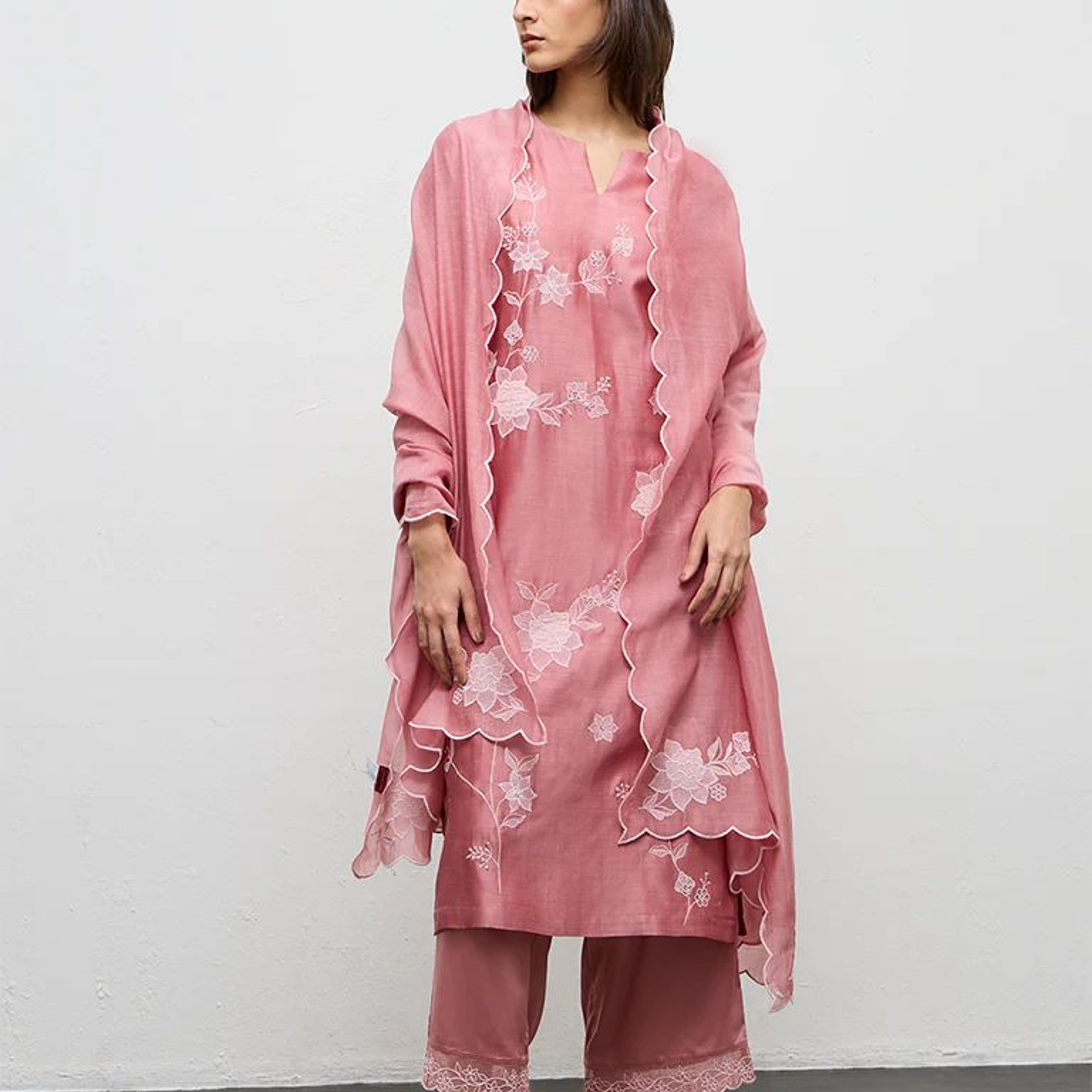Zuba Dusty Pink Floral Embroidered Cotton-Blend A-Line Kurta