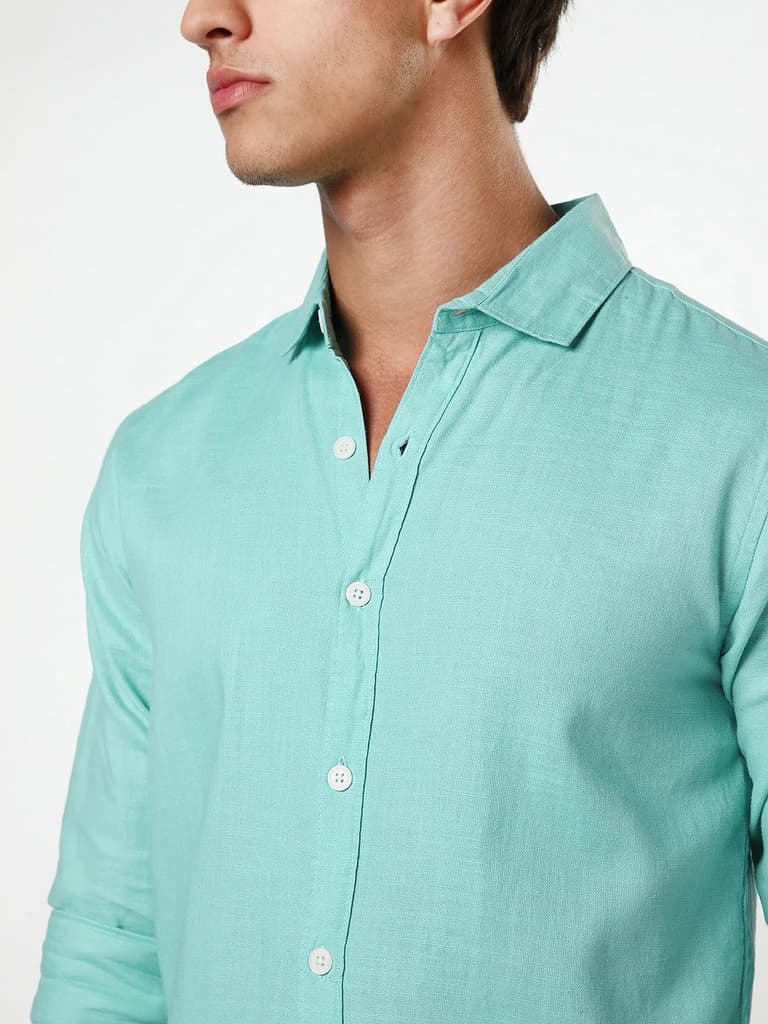Men's Light Teal Linen Blend Full Sleeve Relaxed Fit Casual Solid Shirt — photo 6