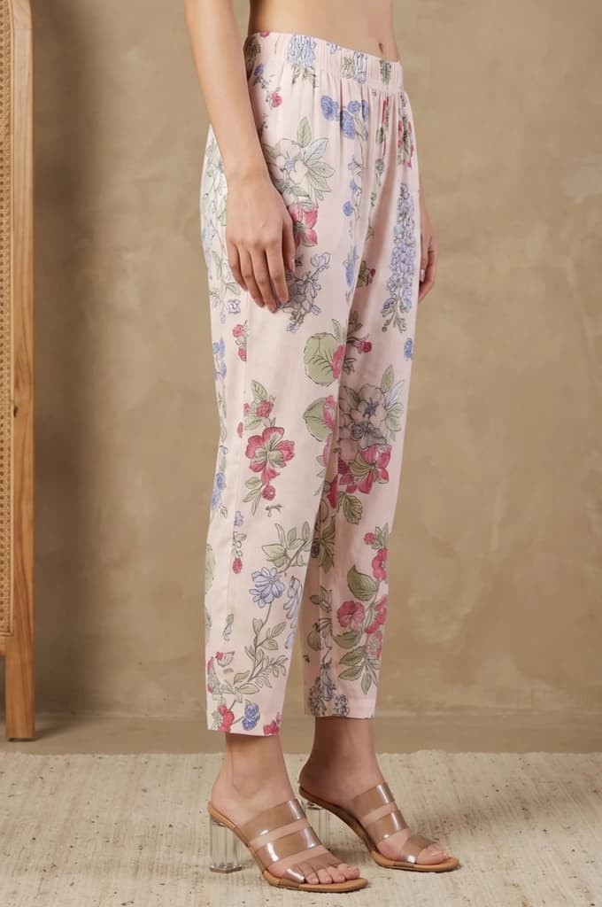 Peach Floral Printed Pure Cotton Straight Fit Pants — photo 6
