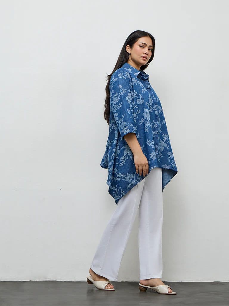 Diza Blue Floral Printed Denim Tunic — photo 2